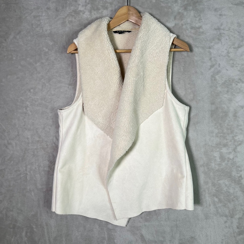 Lauren‎ Ralph Lauren Vest XL Ivory Faux Suede Shearling Draped Open Front